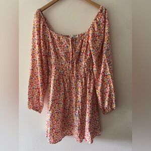 JustFab Ditsy Floral Fit and Flare Mini Dress Long Sleeve